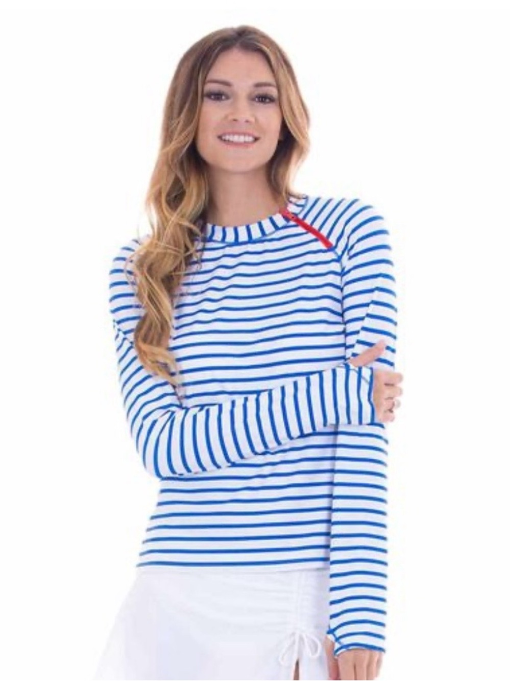 Cabana Life Striped Long-Sleeve Crewneck Rash Guard in Blue and White